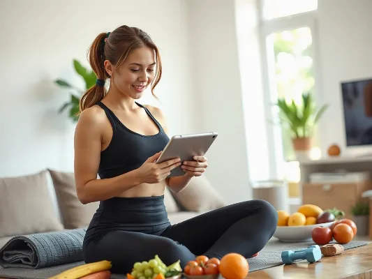 A woman in activewear reviewing her fitness progress on a tablet, surrounded by healthy food and workout gear.