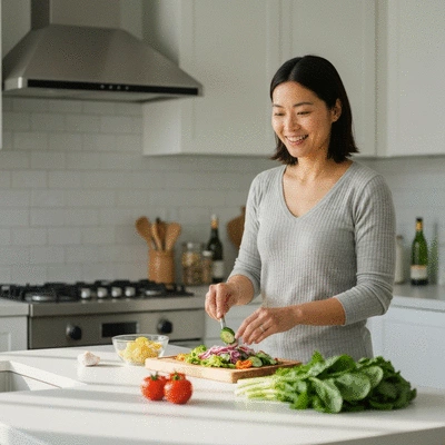 A person happily preparing a colorful vegetable salad in a modern kitchen, with natural light, no text, no words, no typography, no labels, clean image