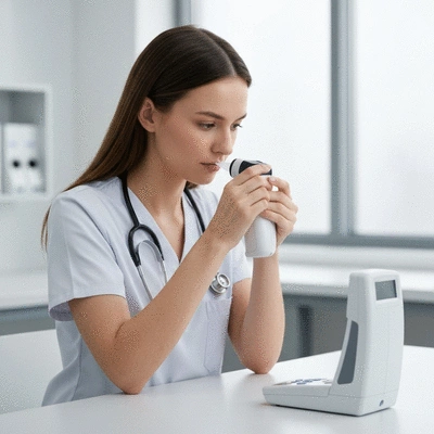 Person using a spirometer to measure lung function