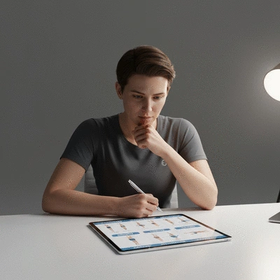 Person thoughtfully planning a balanced workout routine on a tablet or notebook