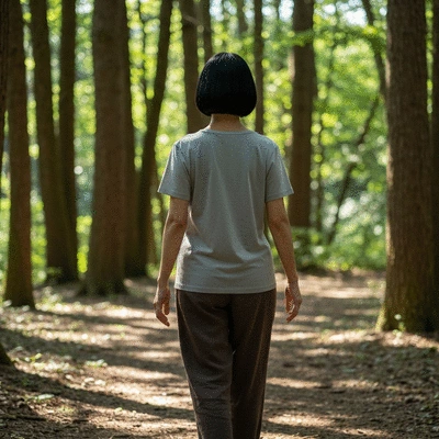 User practicing walking meditation in a serene environment