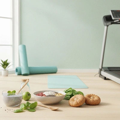 Healthy lifestyle with fiber-rich foods and exercise equipment