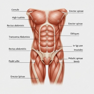 Diagram showing human core muscles, including rectus abdominis, transverse abdominis, obliques, erector spinae, and pelvic floor muscles
