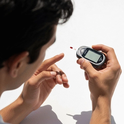 Person monitoring blood sugar levels with a glucometer, clean image