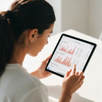 Person looking at health chart on a tablet, symbolizing thyroid health and metabolism tracking, clean image
