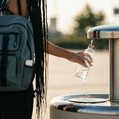 Person filling up a reusable water bottle at a public water fountain, with a travel backpack in the background, no text, no words, no typography, no labels, clean image