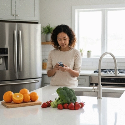 Person monitoring blood glucose levels with a device, with healthy food in the background