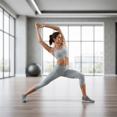 Person performing a dynamic stretch, demonstrating active joint movement