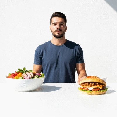 Person choosing between a healthy salad and a less healthy option, symbolizing dietary choices