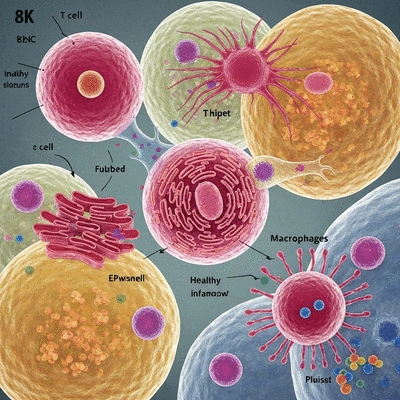 Scientific illustration of immune cells attacking healthy body cells, clean image