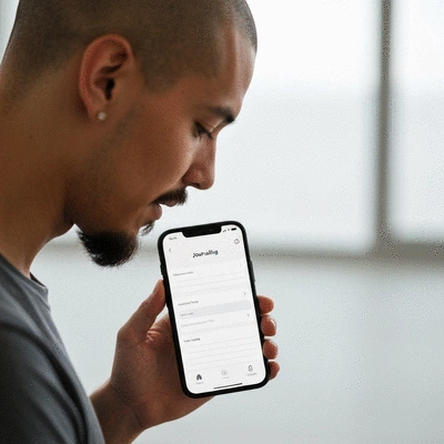 Person using a journaling app on a smartphone, displaying prompts and a clean interface, symbolizing modern journaling tools