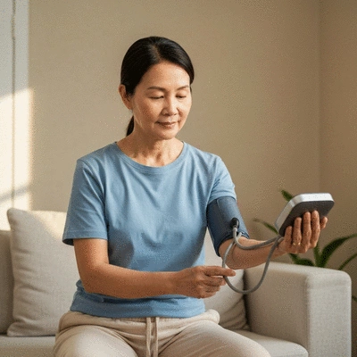 Person monitoring blood pressure at home