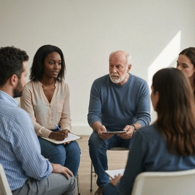 Diverse group of people in a support group meeting, empathetic expressions, clean image, no text
