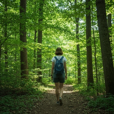 Person walking through a lush green forest trail