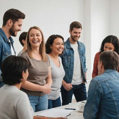 Diverse group of people in a support group, smiling and talking, representing a weight loss community, bright and encouraging atmosphere, no text, no words, no typography, no labels, clean image
