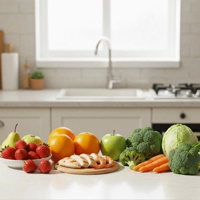 Healthy food choices on a kitchen counter with fresh fruits and vegetables