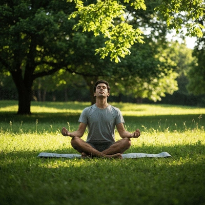 Person performing deep breathing exercises in a serene setting