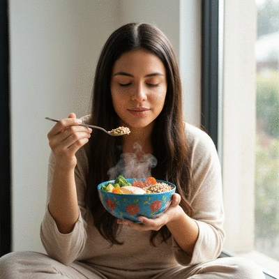 Person practicing mindful eating, holding a bowl of healthy food with a serene expression, soft natural light, no text, no words, no typography, no labels, clean image