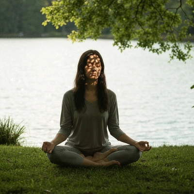Person meditating in a calm, natural setting