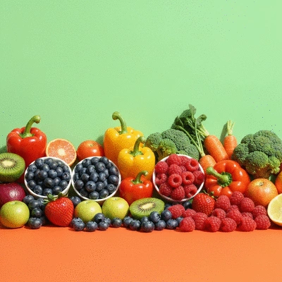 Assorted fruits and vegetables rich in antioxidants