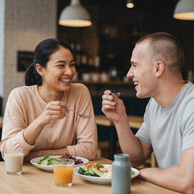 Two friends enjoying a healthy meal together, smiling and engaged in conversation