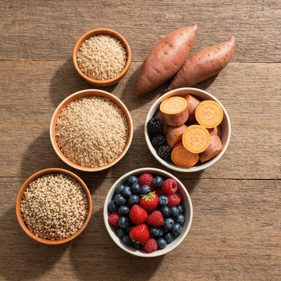 Various complex carbohydrates like whole grains, sweet potatoes, and berries displayed in separate bowls on a rustic wooden background.