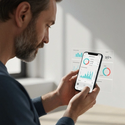 Person monitoring health data on a smartphone with charts and graphs
