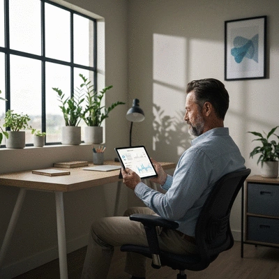 Person looking at a digital health dashboard on a tablet, clean modern aesthetic