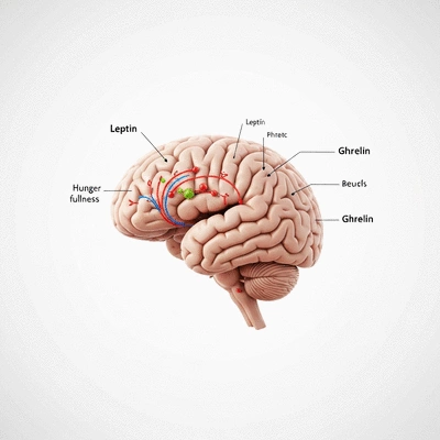 Scientific illustration of leptin and ghrelin hormones interacting with the brain, representing hunger and fullness signals, clear background, no text, no words, no typography