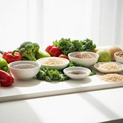Lifestyle image of healthy fiber-rich foods on a table