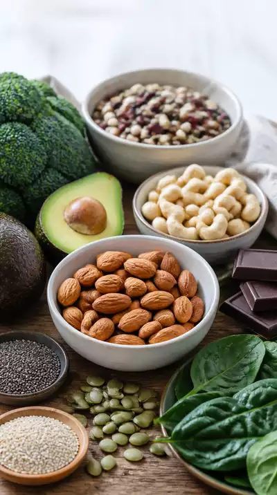 Magnesium-rich food assortment on a kitchen table