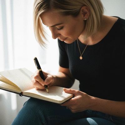Person writing in a journal with a pen, surrounded by soft light, symbolizing self-reflection and mental clarity