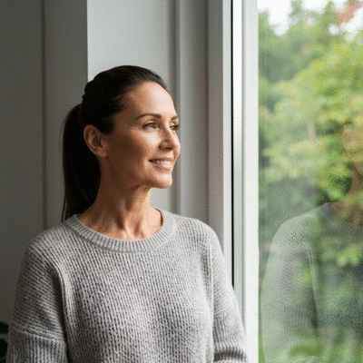 Person looking thoughtfully out a window, representing introspection and mental wellness