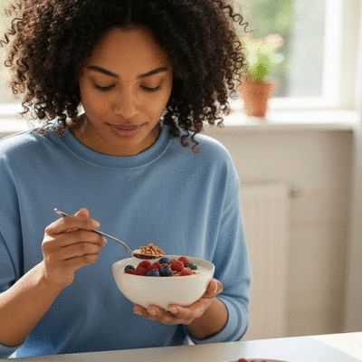 Woman enjoying a bowl of yogurt with berries, no text, no words, no typography, clean image