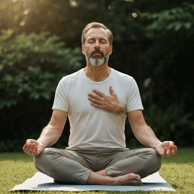 Person practicing deep breathing for stress relief in a calm setting