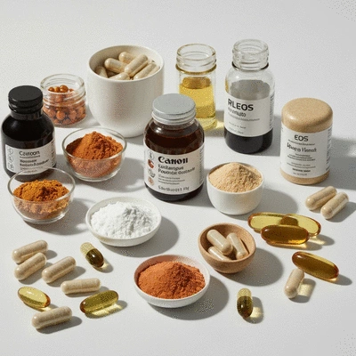 Assortment of dietary supplements in various forms (pills, powders, liquids) on a clean background