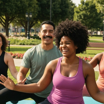 Group of people exercising outdoors, representing community support
