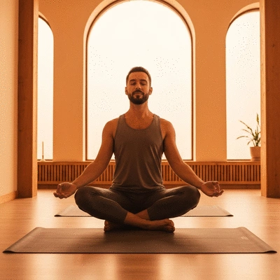 Person meditating in a calm yoga setting, soft lighting, serene atmosphere, no text, no words, no typography, 8K