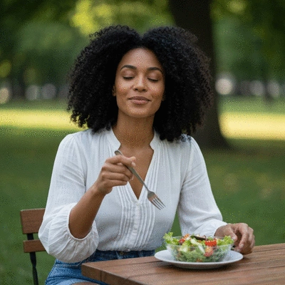 Woman mindfully eating a healthy salad while looking relaxed