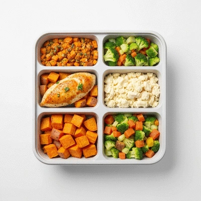Overhead shot of a meal prep container with balanced macronutrients, healthy fats, protein, and fiber, on a clean background