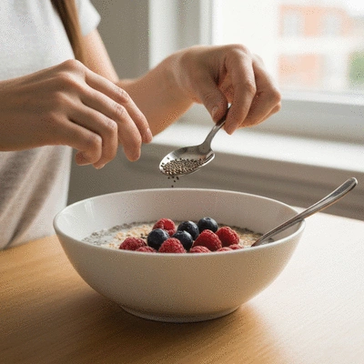 Woman adding chia seeds to her morning oatmeal