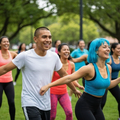 Diverse group of people exercising together in a park, laughing and supporting each other