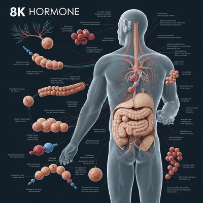 Scientific illustration of various hormones and their target organs in the human body, clean, no text, no words, no typography