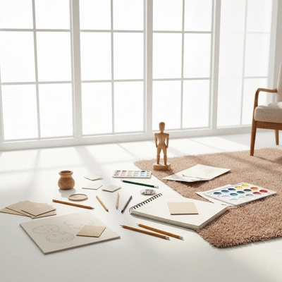 A serene workspace with creative tools spread out