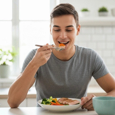 Person eating a meal with lean protein and vegetables, showcasing healthy eating for metabolism