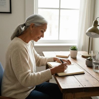 Person writing in a gratitude journal with a pen, surrounded by soft light, clean image, no text, no words, no typography