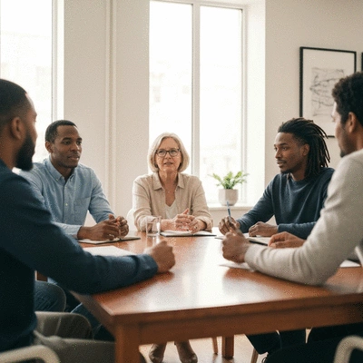 Diverse group of people in a support group setting, discussing health, clean image