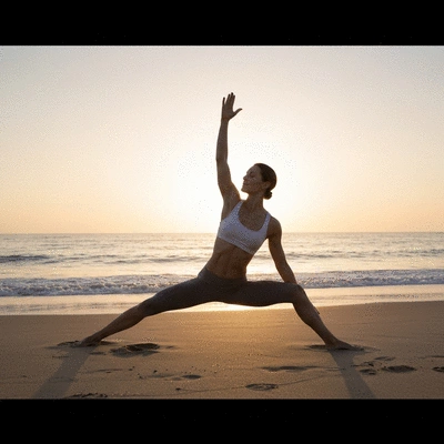 User engaging in yoga on a beach at sunrise