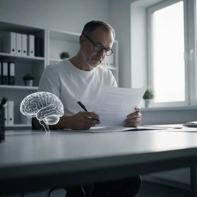Person studying brain health research documents and a brain model