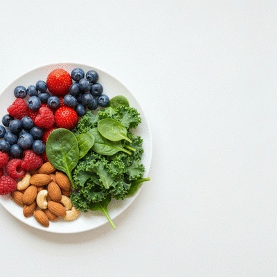 Healthy plate with anti-inflammatory foods like berries, leafy greens, and nuts, representing a balanced diet